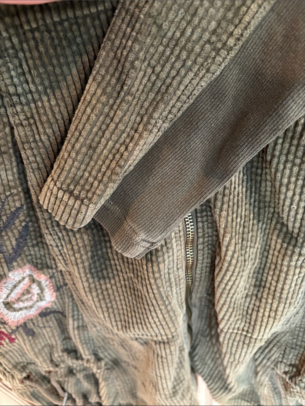 XCVI Olive Green Corduroy Zip-Front Jacket-Dress with Floral Accents - Picture 12 of 14